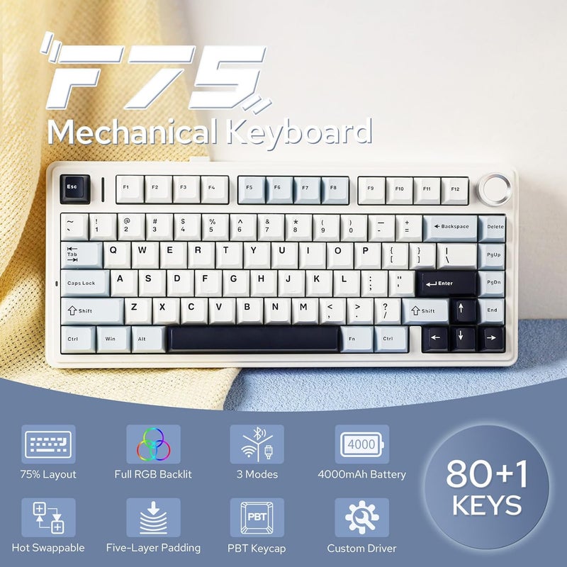 EPOMAKER x Aula F75 Gasket Mechanical Keyboard, 75% Wireless Hot Swappable Gaming Keyboard with Five-Layer Padding&Knob, BT/2.4GHz/USB-C, RGB (Light Blue, Crescent Switch) - Image 2
